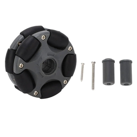 Omni Directional 58mm Plastic Wheel with double row design and screws in black and grey for robots, go karts, and ATVs.