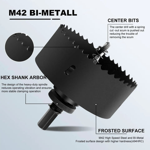 Heavy Duty 5/8 Inch 16mm M42 Bi-Metal Hole Saw Set With Hex Shank Arbor, featuring center bits and frosted black surface