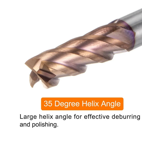 Close-up of a 35-degree helix end mill from the Five Piece Pro Grade Carbide Square End Mills Set For 6mm Diameter With 50mm Length Shank TiSiN Coated Micro Grain Tungsten Carbide Four Flutes HRC55 Right Hand Cut Milling Bit Cutter Harfington.