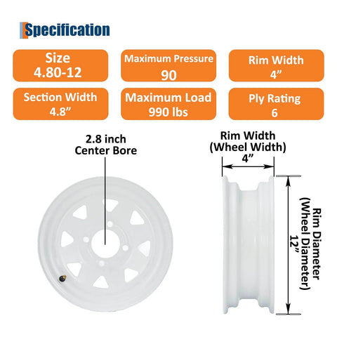 Diagram of 4.80-12 Bias Ply Trailer Tire And Wheel Assembly Set Of 2 With White 12 Inch Spoke Wheel Four Lug Four Inch PCD Load Range C 6PR