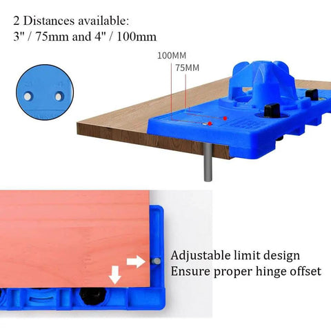 Pro Grade 35mm Concealed Hinge Jig Kit With Drill Bits For Easy Cabinet Door Install showing adjustable hinge offset design