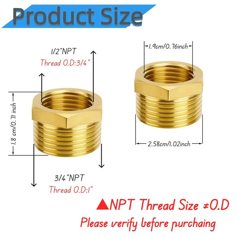 Brass Reducer Hex Bushing Pack Of Four Three Quarter Inch NPT Male To Half Inch NPT Female Heavy Duty Threaded Pipe Air Hose Fitting Adapter dimensions