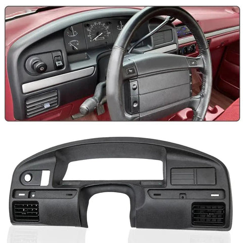 Dashboard Bezel For Ford F Series 1992 1997 Gas Engine ABS Plastic Adhesive shown uninstalled and installed in vehicle.