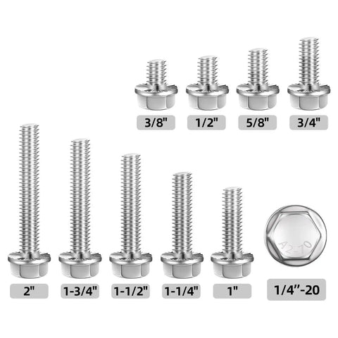 Heavy Duty 1/4-20 X 1 Inch Flanged Hex Head Bolts Set Of 25, Stainless Steel 304 Plain Finish, varying lengths, flange diameter 0.55 inch
