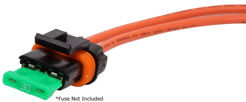 Waterproof Blade Style ATO ATC Fuse Holder With Cover For Auto And Marine Use, 30 Amp Rating, shown with 8 Inch 12 Gauge Leads
