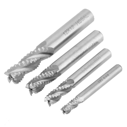 Rugged 4 Flute HSS Roughing End Mill Set For CNC Router Machines, 4 Piece Kit In M6 M8 M10 Sizes showing four metal cutters.