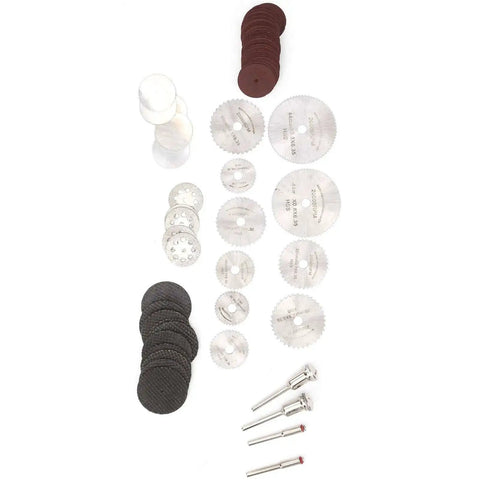 65 Piece Cutting Wheel Set For Glass Tile Metal With HSS Resin Cutters Pro Grade 8 Hole Discs displayed on white background