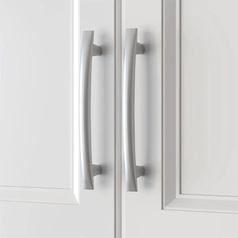 20 Pack Brushed Nickel Cabinet Pulls 5 Inch Arch Curved Drawer Handles installed on white kitchen cabinets