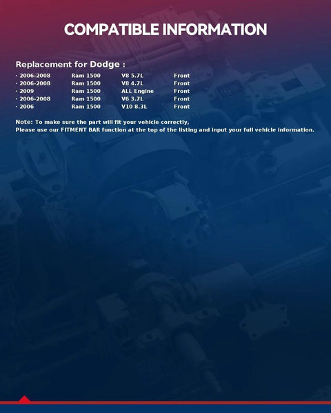Compatibility information for Front Wheel Bearing And Hub Assembly For Dodge Ram 1500 2006 2007 2008 2009 5 Lug With ABS.
