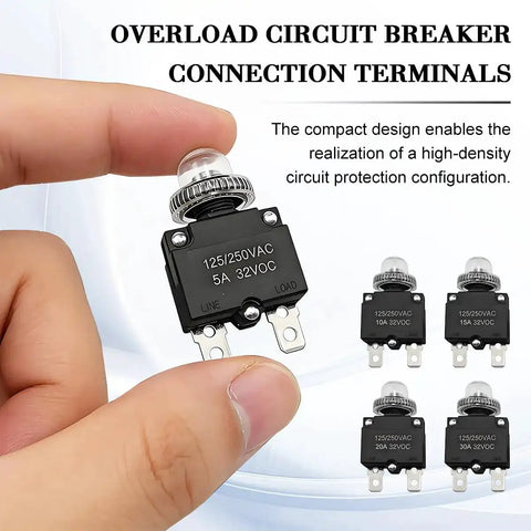 Hand holding 40 Piece Car Thermal Circuit Breaker Set With Manual Reset Push Button, showing various amp ratings and terminal caps