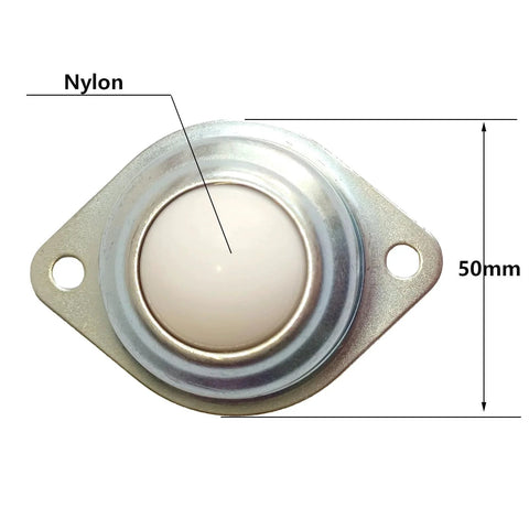 Top view of 1 Inch Nylon Ball Bearing Caster with Roller Ball Transfer Unit, highlighting nylon material and 50mm diameter dimensions.