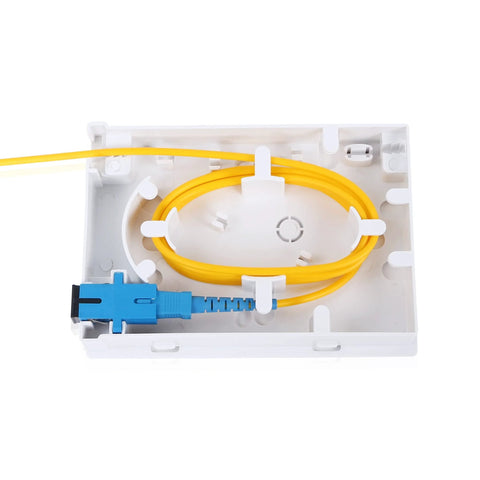 Fiber optic terminal junction box 2-port desktop panel with yellow fiber cable and blue SC/UPC connector