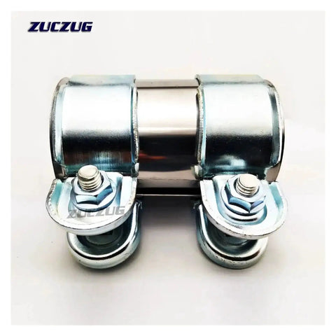 Front view of galvanized steel exhaust pipe connector clamp with central sleeve and twin bolts for 1.5–3.0 in pipes (95 mm)