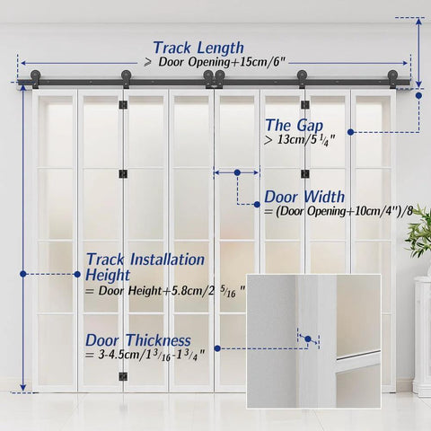 12 Foot Bi Folding Sliding Barn Door Hardware Track Kit for Interior Use Supports Eight Panels That Fold To Both Sides