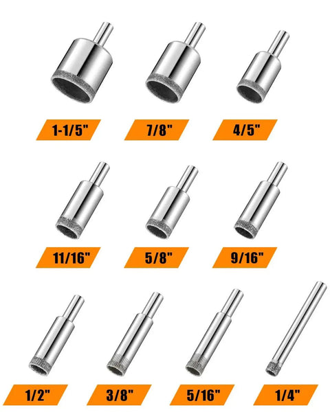 Diamond Drill Bits Set 10 Piece Diamond Hole Saw Kit For Glass, Ceramic Tile, Porcelain, Marble, Granite, Stone And Bottles