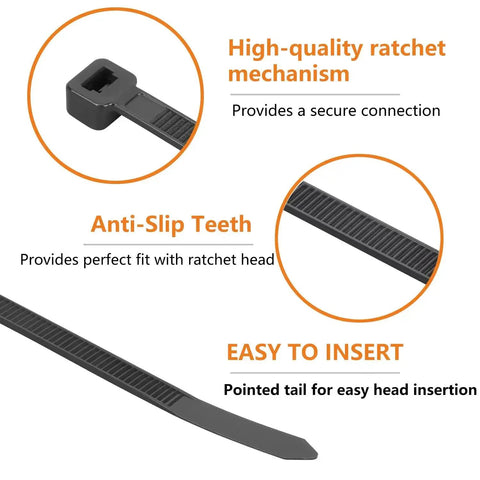 Close-up of black zip tie showing ratchet mechanism and design, part of 12 Inch Black Zip Ties 2000 Pack With 45 Lbs Tensile Strength Self Locking Nylon Cable Ties For Indoor And Outdoor Use UV Resistant Heavy Duty Cord Management Fasteners.