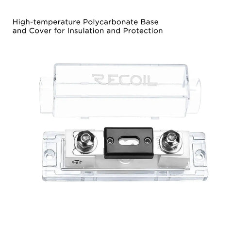 Inline ANL Fuse Holders 150 Amp, Dual Pack With Reducers, 0/2/4 Gauge In And Out, Includes 2 X 150A Fuses, Zinc Die Cast, Marine Grade Satin Chrome Finish, High Temp Polycarbonate Base, front view