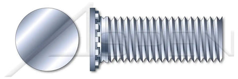 Three Eighths Inch 16 Thread Self Clinching Studs Flush Head Full Thread Steel Zinc Plated, side and front view, showing threads and flush head.