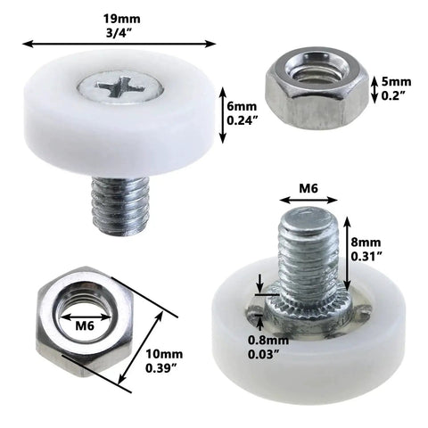 12 Pieces 19mm Drawer Rollers Plastic Pulleys With Nut For Sliding Furniture Bearings Replacement Parts with M6 thread dimensions