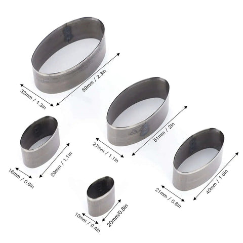 Five Piece Leather Punch Die Set with dimensions for DIY crafting, includes hollow cutter kit, 10x20mm and 16x22mm oval punches.