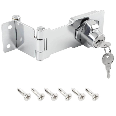 3 Inch Keyed Door Lock Hasp Latch In Stainless Steel, Heavy Duty with screws and keys shown, fits 90/180 degree install.