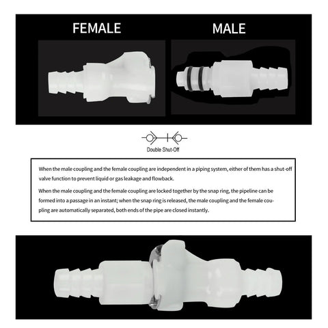 BBTUS plastic hose barb inline quick connector female end, 1/4 inch, white

BBTUS plastic hose barb inline quick connector male end, 1/4 inch, white

Double shut-off valve diagram for inline hose connector showing male and female ends

Side view of white BBTUS hose barb inline quick connector installed