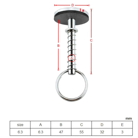 Heyous hatch cover pull handle, stainless steel, front view, spring and hidden pin, 1/4 in dia, 2 in long.