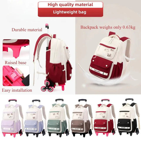 Kids rolling backpack for school with wheels trolley bag, durable aluminum frame, lightweight design, adjustable straps, multiple compartments.