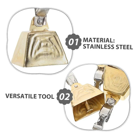 Close-up of stainless steel fishing rod bite alarm bells with clips, shown in two views, part of a 15-piece set for freshwater and saltwater use.