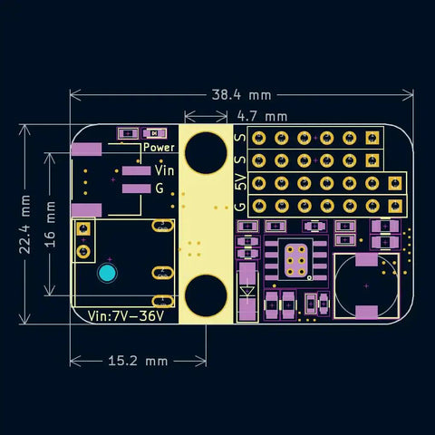 Top view of servo power supply board for 1–6 servos; Vin/GND/Power pads left, gold connector pads right, heat sink area.