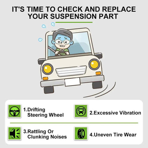 Cartoon car suspension illustration highlighting four issues: drifting steering, vibration, rattling, uneven tire wear.