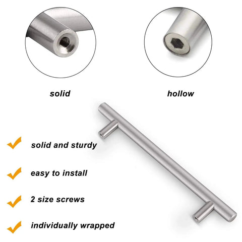 Solid stainless steel T bar from 25 Pack Solid Stainless Steel Cabinet Pulls Satin Nickel Euro Style T Bar Drawer Handles Dresser Pulls Center To Center 7-9/16 Inches, Overall Length 10 Inches Kitchen Cupboard Furniture Hardware showing solid and hollow construction.