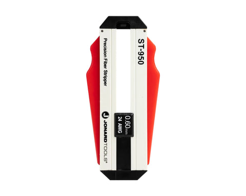 Jonard Tools ST-950 precision fiber optic stripper, red handles, front view showing 0.60 mm gauge