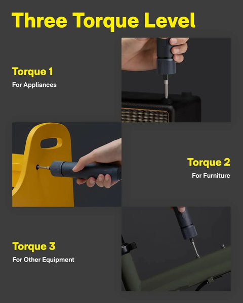 Workhorse Cordless Electric Screwdriver Kit showing three torque levels for appliances, furniture, and equipment