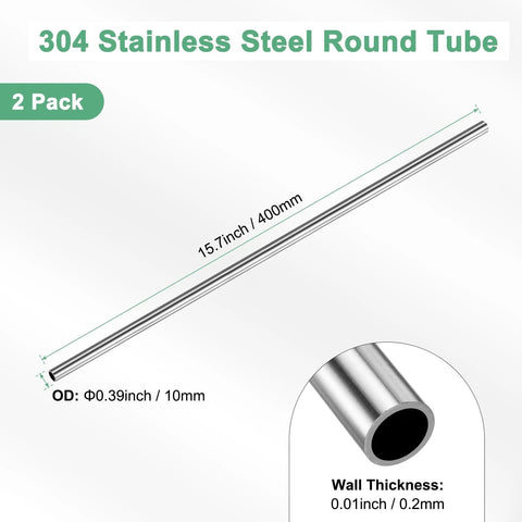 M METERXITY 2-pack 304 stainless steel round tube, 400 mm long, 10 mm OD, 0.2 mm wall