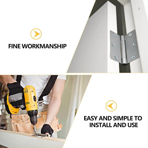 Man installing a zinc alloy hinge on a door using a drill, featuring fine workmanship and simplicity in use.