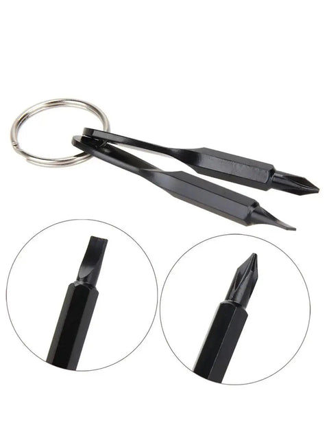 Two Pack Mini Key Shape Screwdriver Set with flathead and Phillips bits, stainless steel key chain tools, shown with close-up bit details.