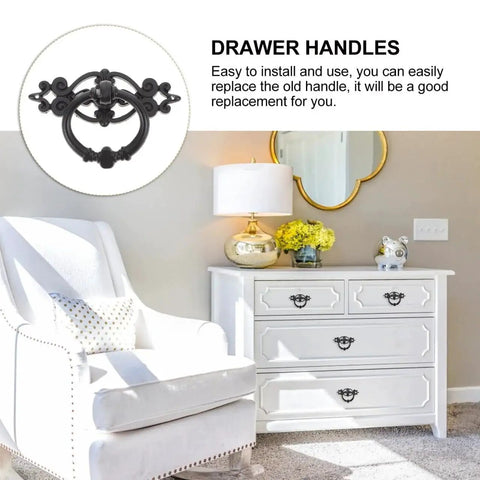 Antique Ring Handle Drop Pulls 2.56 Inch Cabinet Hardware for furniture wardrobes, shown installed on a white dresser.