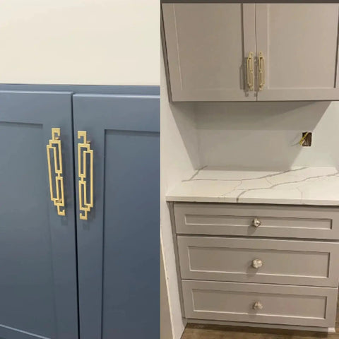 Gold Zinc Alloy Drawer Pulls 4.2 Inch Long Cabinet Handles installed on blue and grey cabinets, shown with included screws for dressers.
