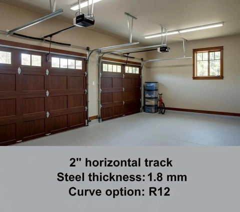 Heavy Duty 2mm Steel Garage Door Track Rails With R12 Radius Curved Design, Horizontal Tracks For 7 Foot High Doors, 2 Inch RolleSystem Compatible, 8.5 Feet Total Length, Residential And Commercial Replacement For Smooth, Reliable Operation shown installed in a garage.