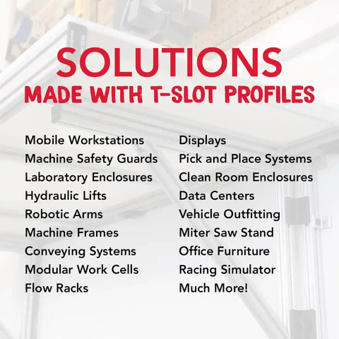 List of applications for T-slot profiles including workstations, machine frames, and more, with a background of aluminum framing.