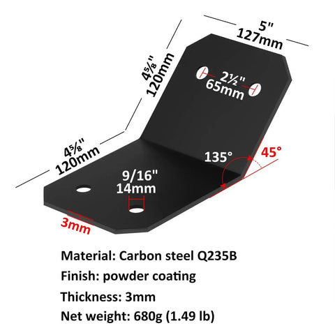 Eight Pack 45 Degree Angle Brackets For 6x6 Posts Pergola Gazebo Lumber Connector 11 Gauge Steel Powder Coated With 9 16 Inch Holes And 65mm Center Spacing Built Tough For Roofs Fences And Decks close-up showing dimensions and material information