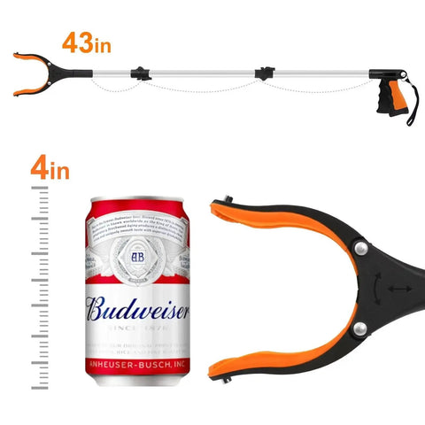 43 Inch Extra Long Grabber Tool Foldable Reacher With Rotating Jaw And Magnets next to soda can for size comparison