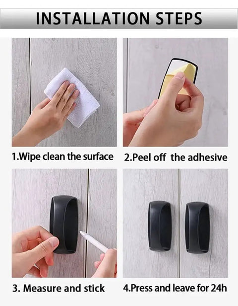 Installation steps for 6 Pack Self Stick Cabinet Handles And Drawer Pulls With Adhesive, Drill Free Installation shown.