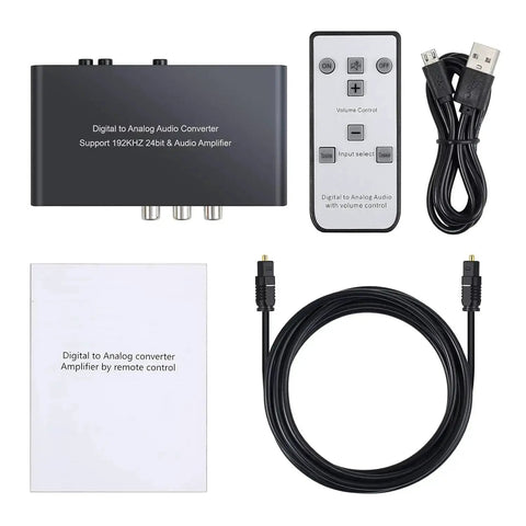 High Fidelity 192kHz Digital to Analog Audio Converter with IR Remote, cables, and user manual displayed