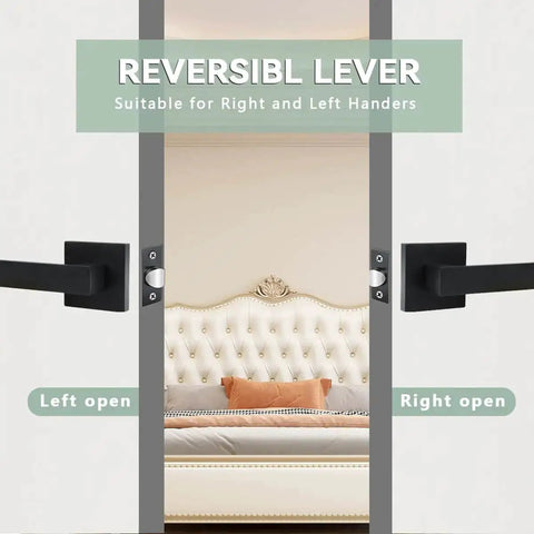 Reversible passage door levers set in black heavy duty keyless door handles square non locking design for right or left handed use.