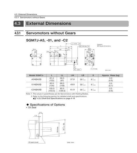 Technical diagram of Sigma-7 SGM7J-08A7C6S 750W Servo Motor dimensions and specifications