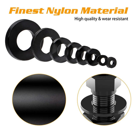 500 Piece Nylon Flat Washer Set Eight Sizes M2 M2.5 M3 M4 M5 M6 M8 M10 Black Sealing Spacer Gasket Ring Washers For Hardware DIYers And Pros On The Job