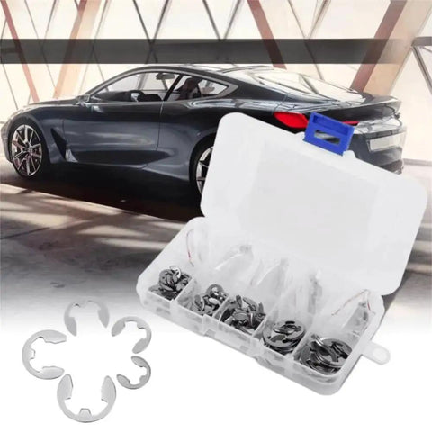 304 Stainless Steel E Clip Snap Ring Set 200 Pcs Kit With 20 Sizes From 1.5mm To 10mm shown with car in background
