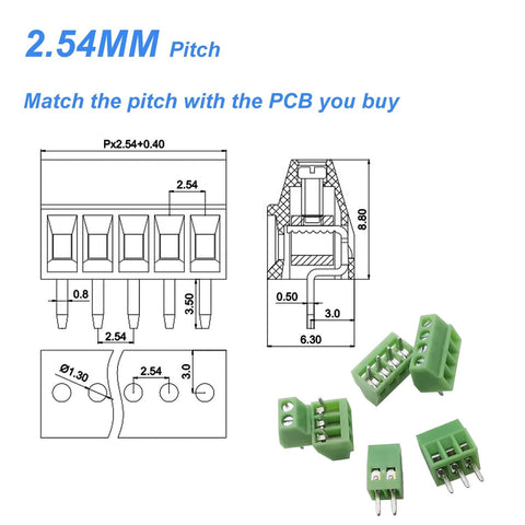 Diagram and image of Must Have Breadboard Friendly 2.54mm 0.1 Inch Pitch Mini PCB Mount Screw Terminal Block Connector Set
